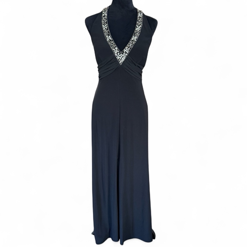 Dressbarn Collection Black Dress Womens Size 8 Maxi Beaded‎ V-neck NWT